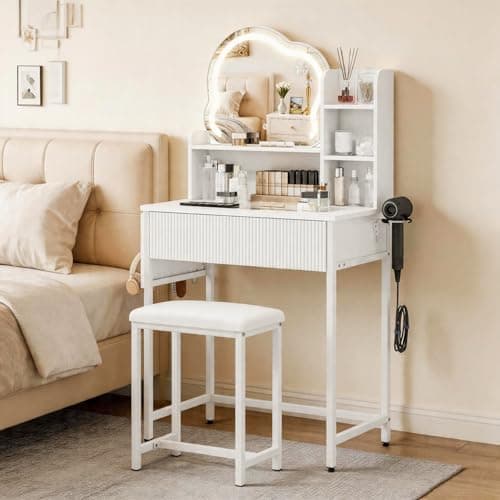 Image of YOURLITE Dressing Table with Mirror and Stool, Vanity Desk with Drawer, Makeup Table, 3 Light Colours, Adjustable Brightness, Visible Glass Top, Cloud Mirror, Side Storage, 5 Hooks for bedroom, White