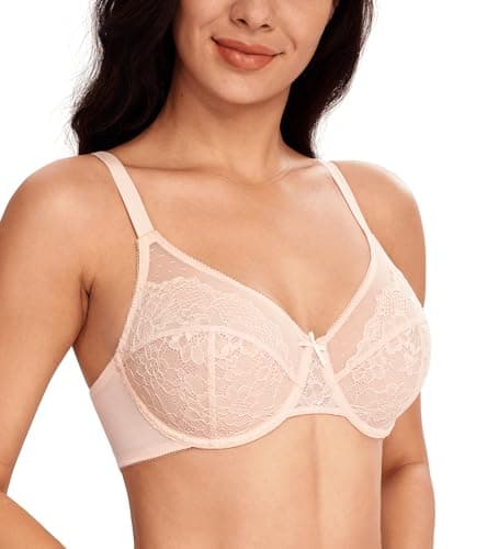 Image of Lemorosy Women's Full Coverage Minimizer Bra Unpadded Underwire Breathable Lace Everyday Underwear(Pink,32DD)
