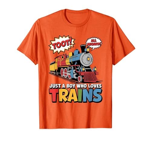 Image of Just a Boy Who Loves Trains Lover Kids Locomotives Train T-Shirt, Men, Orange, Medium