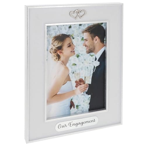 Image of Shudehill Giftware Silver & White Event Frame Sentiment 5x7 White Portrait Photo Frame - Mr & Mrs or Engaged Wedding Gift Ideas (Hearts)