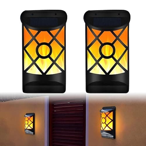 Image of YOFHPT 2PCS Solar Wall Lights Outdoor, Flickering Flame Solar Lights Outdoor Garden, Flame Effect So-lar Garden Lig-hts for Yard, Pathway, Driveway, Garage, Stairway, Gate, Wall Patio, Fence
