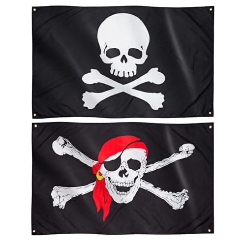 Image of Runesol Pirate Flag 2 Pack, 3x5, 91x152cm, Double Pack, Jolly Roger, Skull and Crossbones, 4 Grommets, Brass Eyelet in Every Corner, Party Flags, Halloween Decorations, Pirate Party Decorations