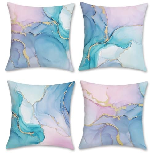 Image of Bonhause Colorful Marble Cushion Covers 45 x 45 cm Pink Purple Blue Turquoise Watercolor Abstract Modern Decorative Pillow Covers for Sofa Bed Home Patio Decor Set of 4