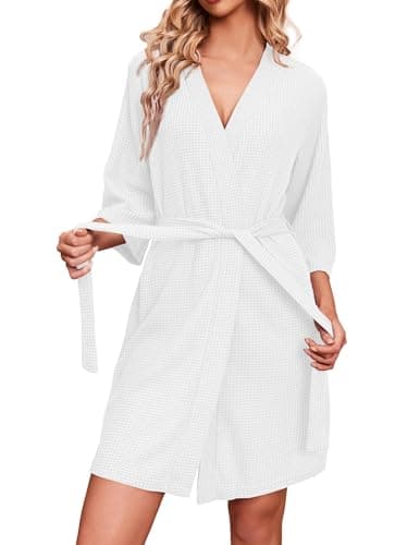 Image of Ekouaer Robes for Women Waffle Knit Bathrobe Soft Lightweight Knee Length Loungewear White S