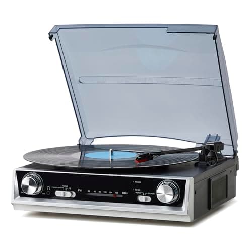 Image of PROSUCO Vinyl Record Player, 3-Speed Vintage Turntable with Built-in Speakers and FM Radio, All-in-One Record Player for Vinyl with RCA Out & Headphone Jack, Black Wood