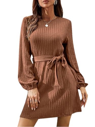 Image of LIAMERHE Winter Midi Dress for Women Crew Neck Ladies Long Sleeve Sweater Dresses Casual Elegant Autumn Cable Knitted Dress with Belt Brown L