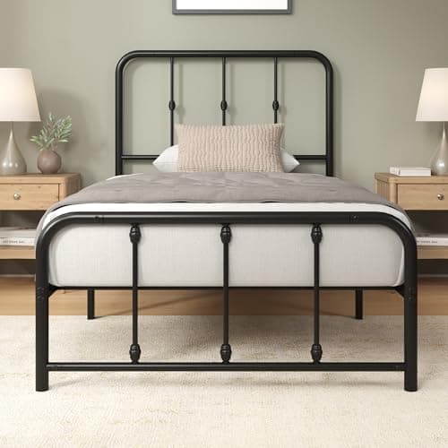 Image of Zinus Florence 3ft Single Bed Frame with Headboard (90 x 190 cm) - 14'' Height - Metal Bed Base with Footboard - Steel Slat Support - Easy Assembly - Black