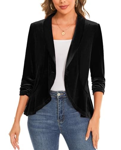 Image of MINTLIMIT Velvet Blazer Jacket for Women Ruffle Hem 3/4 Sleeve Shawl Collar One Button Casual Dressy Jackets for Work (Black XL)