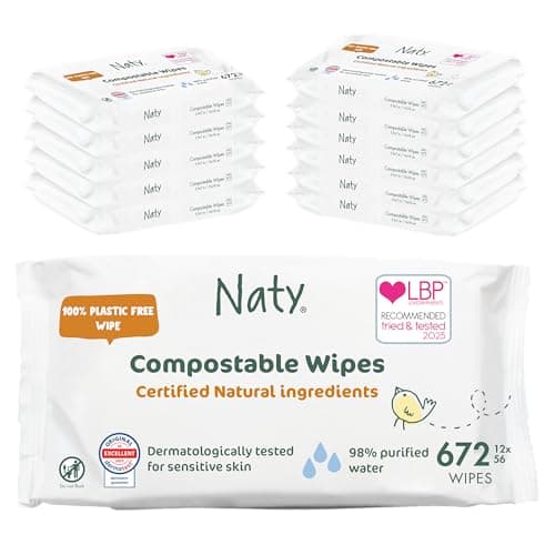 Image of Naty Baby Wipes | 98% Water & Natural for Sensitive Skin | Unscented, Plant-Based, Fragrance-Free | Plastic-Free & Compostable | Newborn & Toddler Gentle Wet Wipes | 672 Count (12 Packs)
