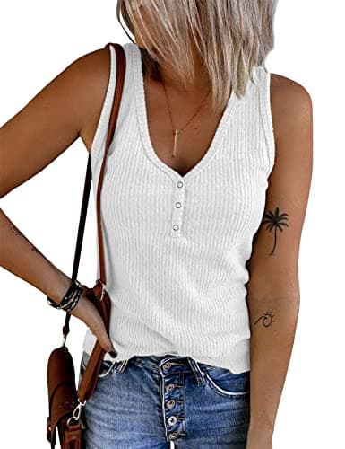 Image of Tuopuda Women Vest Tops Ribbed Knit Tank Basic Solid Color V Neck Summer Sleeveless Vest Button Down T Shirts Casual Slim Fit Henley Shirts Cami Shirt Tees(White,L)