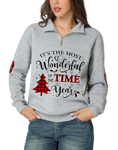 Image of Glimnerize Christmas Womens Tops Sweatshirt Gnome 1/4 Zip Standing Collar Funny Graphic Christmas Jumper Hoodie Grey-A1 XL