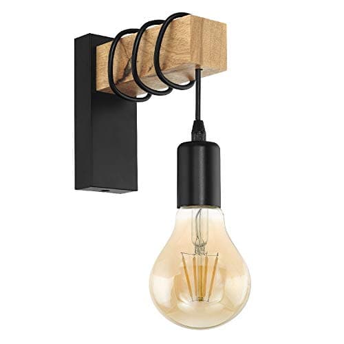 Image of Black & Natural Wood Flush Vintage Retro Wall Light Bracket | 215mm Height | 1 x ES E27 Lamp Bulb Required (Not Included) | 240 Volts