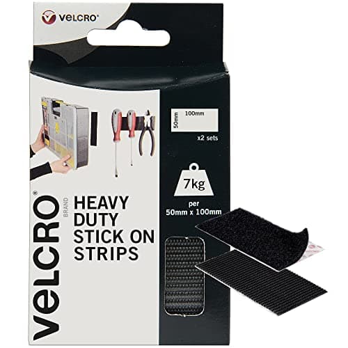 Image of VELCRO® Brand | Heavy Duty Stick On Strips | Industrial Strength Double Sided Hook & Loop Self Adhesive Strips Perfect for Room Décor & Home, Office, Garage Use | Black | 50mm x 100mm | Set of 2