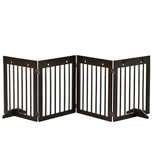 Image of PawHut Freestanding Pet Gate 4 Panel Wooden Dog Barrier Folding Safety Fence with Support Feet up to 204cm Long 61cm Tall for Doorway Stairs Brown