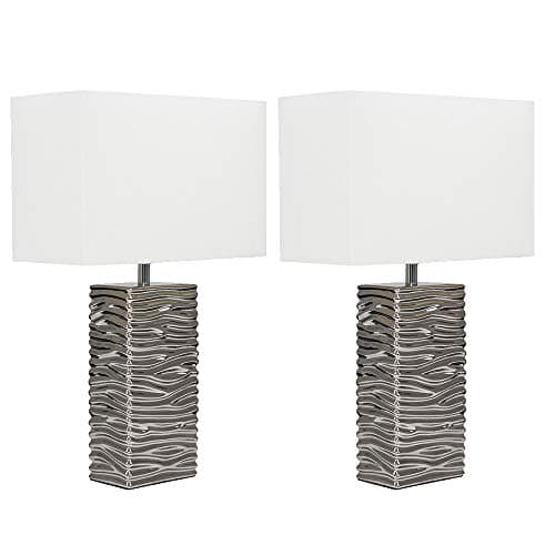 Image of MiniSun | Pair of - Modern Silver Ripple Effect Ceramic Table Lamp with a White Light Shade | Table Lamps & Home Improvements Essential