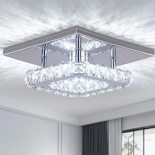 Image of Cainjiazh Contemporary Mini Crystal Chandelier Mount Ceiling Light in Chrome Finish - Pendant Lighting for Living Room, Kitchen, Office, Bedroom, Dining Room, Island (White Square)