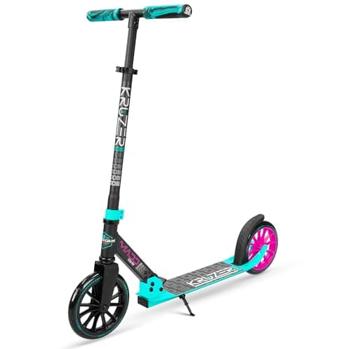 Image of Madd Gear Kruzer 200 V2 Folding Kick Cruiser - Adjustable, Lightweight, 2 Wheeled Commuter Scooter for Riders Aged 8 Years and Up (Black/Teal)