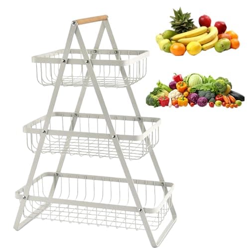 Image of 3 Tier Fruit Basket,Vegetable Rack,Bread Basket,Detachable Mesh Fruit Baskets With Wooden Handle,Vegetable Storage Rack For Kitchens Home,Office,Vegetables,Onion,Banana,Potato,Snack Basket(White)