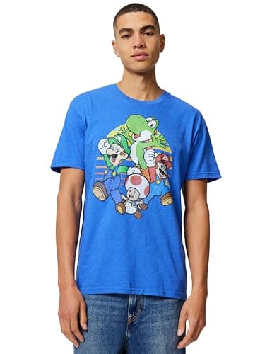 Image of Nintendo Men's Mario and Friends Circle Retro T-Shirt, Royal Blue Heather, Large