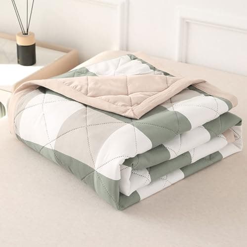 Image of DOTBUY-SHOP Quilted Bedspreads, Check Quilt Bed Throws Cotton Filling Duvet Super King Single Double Size Children's Bed Reversible Quilted Throw for All Season (Green,200x230cm)