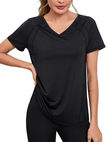 Image of Wayleb Womens Gym Tops V Neck Short Sleeve Lightweight Breathable Sports Tops Perforated Back Ventilation for Running Workout Activewear Black S-3XL