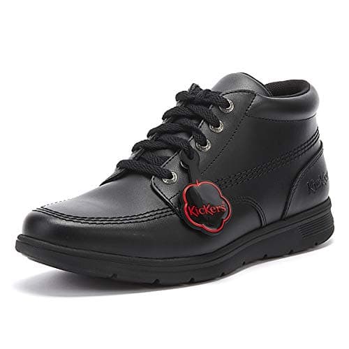 Image of Kickers Unisex Kelland Lace Hi Leather Black Leather School Shoes, Black, 3 UK