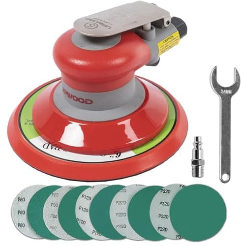 Image of UPWOOD 6 Inch Pneumatic Orbital Sander, Lightweight, Non-Vacuum, 3/16" Orbit, 12,000 RPM, with 10 Green Abrasives (60–320 Grit), for Car Body, Wood, Composites