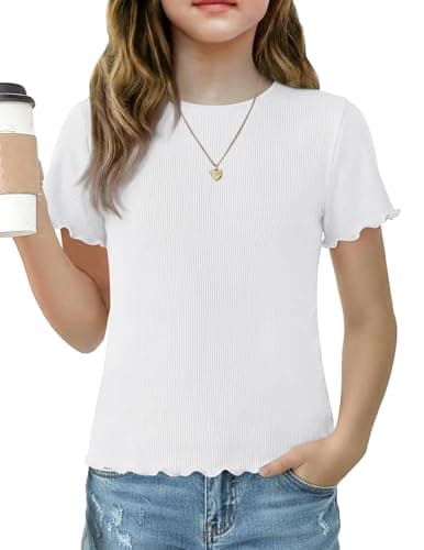 Image of Arshiner Girls' T-Shirt Knit Tops White Summer Short Sleeve Shirts Lightweight Crew Neck Tee Casual Ruffled Tshirts 160/11-12 Years