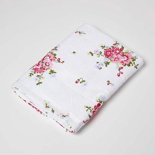 Image of HOMESCAPES 100% Portuguese Cotton White Floral Bath Towel Pink, Green and Pastel Blue Design