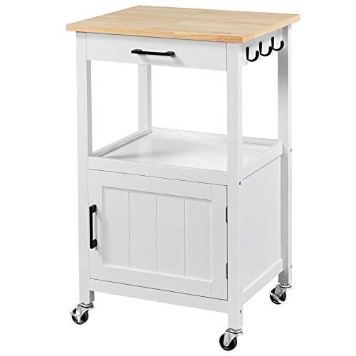 Image of Yaheetech Kitchen Storage Trolley Cart, Kitchen Island on Wheels with Cabinet & Drawer & 3 Hooks, Rolling Serving Cart for Dining Room Living Room, White