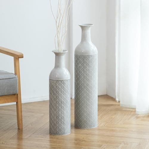 Image of Sziqiqi Large Floor Vase Grey: 70/55cm Glazed Metal Extra Tall Floor Vase Set of 2 for Pampas Grass Branches Flowers - Vintage Grey Large Vases for Living Room Bedroom Home Corner Fireplace