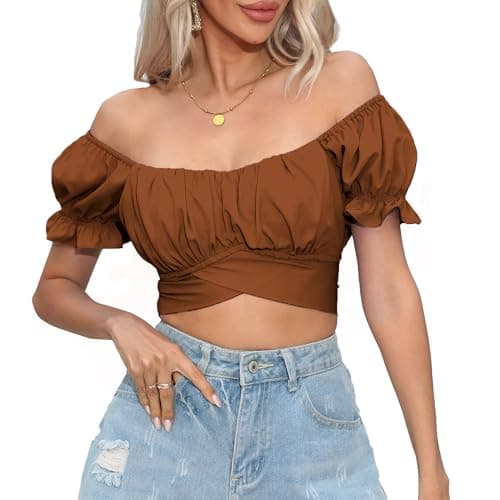 Image of COOUFE Women's Crop Tops Ruffle Short Sleeve Tie Back Summer Off Shoulder Top Blouse, Brown, M