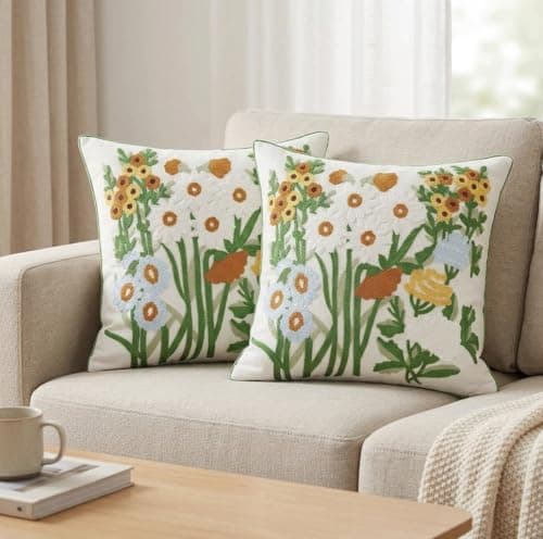 Image of Hopomoon Embroidered Floral Cushion Covers 45x45cm Set of 2,Spring Summer Farmhouse Colorful Wildflower Decorative Canvas Pillowcases for Sofa Living Room Bedroom
