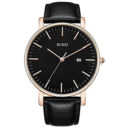 Image of BUREI Men's Watches, Classic Analogue Dial with Date Japanese Quartz and Ultra-Thin Stainless Steel Mesh Band (Black Rose Gold, Leather)