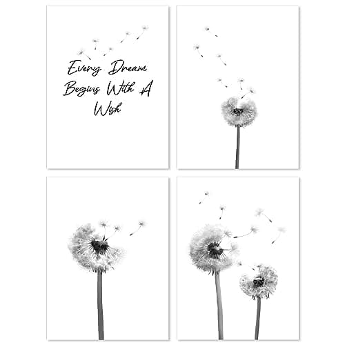 Image of A&M Natural Living Dandelion Prints Quote Wall Art Set of 4 A4 210mm x 297mm Unframed Black & White Watercolour Flower Plant Posters for Living Room Bedroom Kitchen and Home Decor