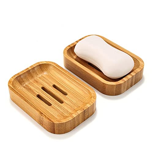Image of GUANJUNE Pack of 2 Natural Wood Bamboo Soap Dish Holder for Bathroom Kitchen Sponges Accessories Storage
