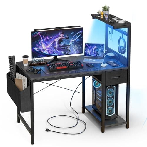 Image of Grandder Gaming Desk 100 x 50 cm with Power Outlet and LED Light, Pc Small Computer Desk with Reversible Shelves and Storage Drawer, Pc Small Table for Home Office Table with Bag, Black