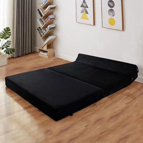 Image of Panana Adult Sofa Futon Z Bed,Jumbo Cord Soft Velvet Premium Material Double Fold Out Mattress Sleepover Chair Living Room Bedroom Toddler Furniture,Black