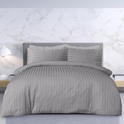 Image of Sleepdown Premium Hotel Quality 100% Cotton Satin Stripe Duvet Cover Set with Pillowcases Quilt Bedding Soft Easy Care Luxury Bed Linen - Grey - Double (200cm x 200cm)