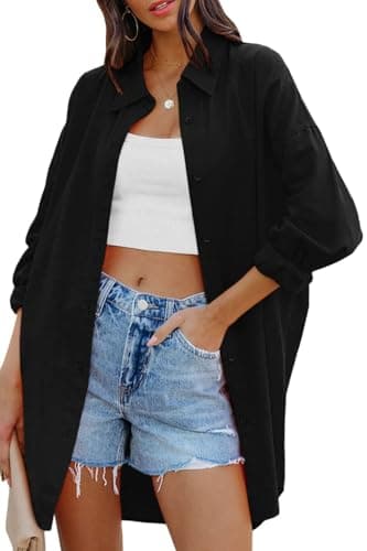 Image of Cicy Bell Women's Blouse Oversized Long Sleeve Button Down Shirts Casual Cotton Top with Pockets, Black, L