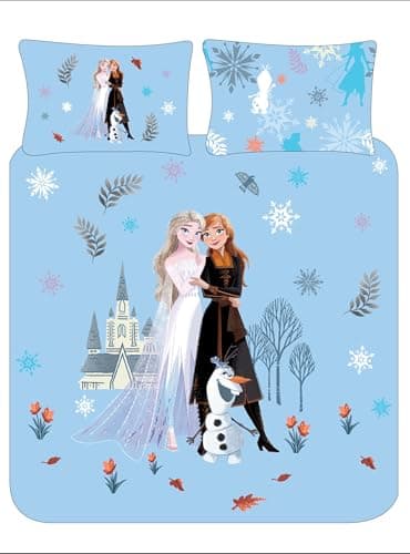 Image of Disney Frozen Double Duvet Cover Set – Official Reversible Bedding for Kids – Elsa, Anna & Olaf – Polycotton Double Quilt Cover & 2 Pillowcases – Machine Washable Girls Bedroom Set