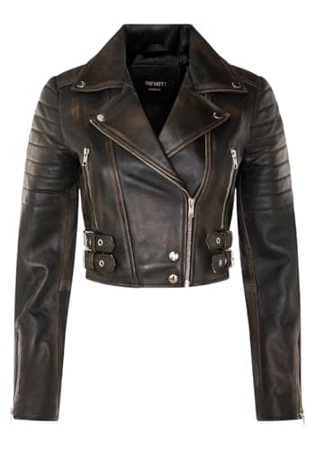 Image of Ladies Cropped Jacket Short Body Gothic Top BLACK Rub Off Chic Biker REAL LEATHER Jacket XL