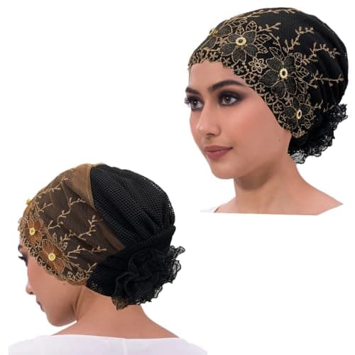 Image of Floral Embroidered Mesh Turban Cap with Lace Detail Women's Head Wrap Bonnet Muslim Hat, 1pcs Black and 1pcs Coffee, M