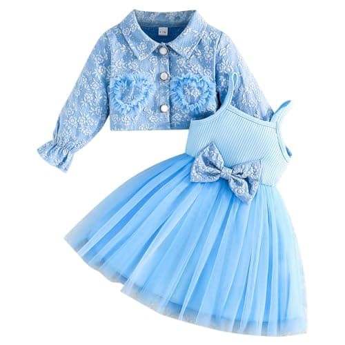 Image of Kunyeah Baby Girl Tutu Dress with Cardigan Little Girl Tulle Sleeveless Dress Floral Lace Jacket Toddler Long Sleeve Outfit Blue