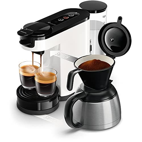 Image of Philips Senseo Switch Coffee Pod and Filter Machine - 2-in-1 Technology, 1 Litre Water Tank, 7 Cups in One Time, Titanium White (HD6592/05)