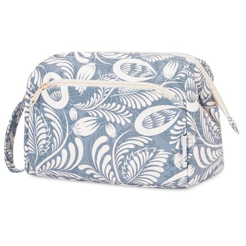 Image of Narwey Large Makeup Bag Wide-Open Zipper Pouch Travel Wash Bag Toiletry Bag Cosmetic Organizer for Women (Blue Leaf)