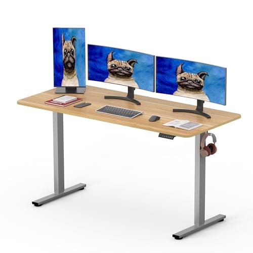 Image of SANODESK 160 x 80cm Electric Standing Desk ONE PIECE Height Adjustable Desk Sit Stand Table Home Office Desk with 4 Height Memory Pre-Sets Smart Pannel and Hooks for Work, (Silver Frame+Maple Desktop)