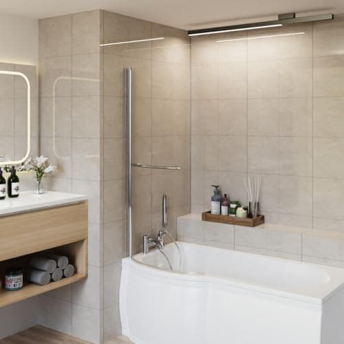 Image of Aquariss 1400x715mm 6mm Curved Toughened Safety Glass Pivot Bath Screen Panel for P-Shaped Bath Chrome with Towel Rail