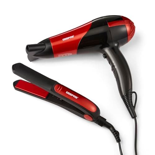 Image of Geepas 2-in-1 Hair Dryer & Hair Straightener Combo Set | 2200W Hair Dryer with 2 Speed & 2 Heat Settings, Cool Shot Function| 35 W Hair Straightener with Ceramic Plates, PTC Heater, 360°c Swivel Cord