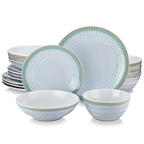 Image of vancasso PLUVO Embossed Dinner Sets, Stoneware Vintage Look Green Dinnerware Tableware, 16 Pieces Dinner Service Set 4, Include Dinner Plate, Dessert Plate, Pasta Bowl and Cereal Bowl